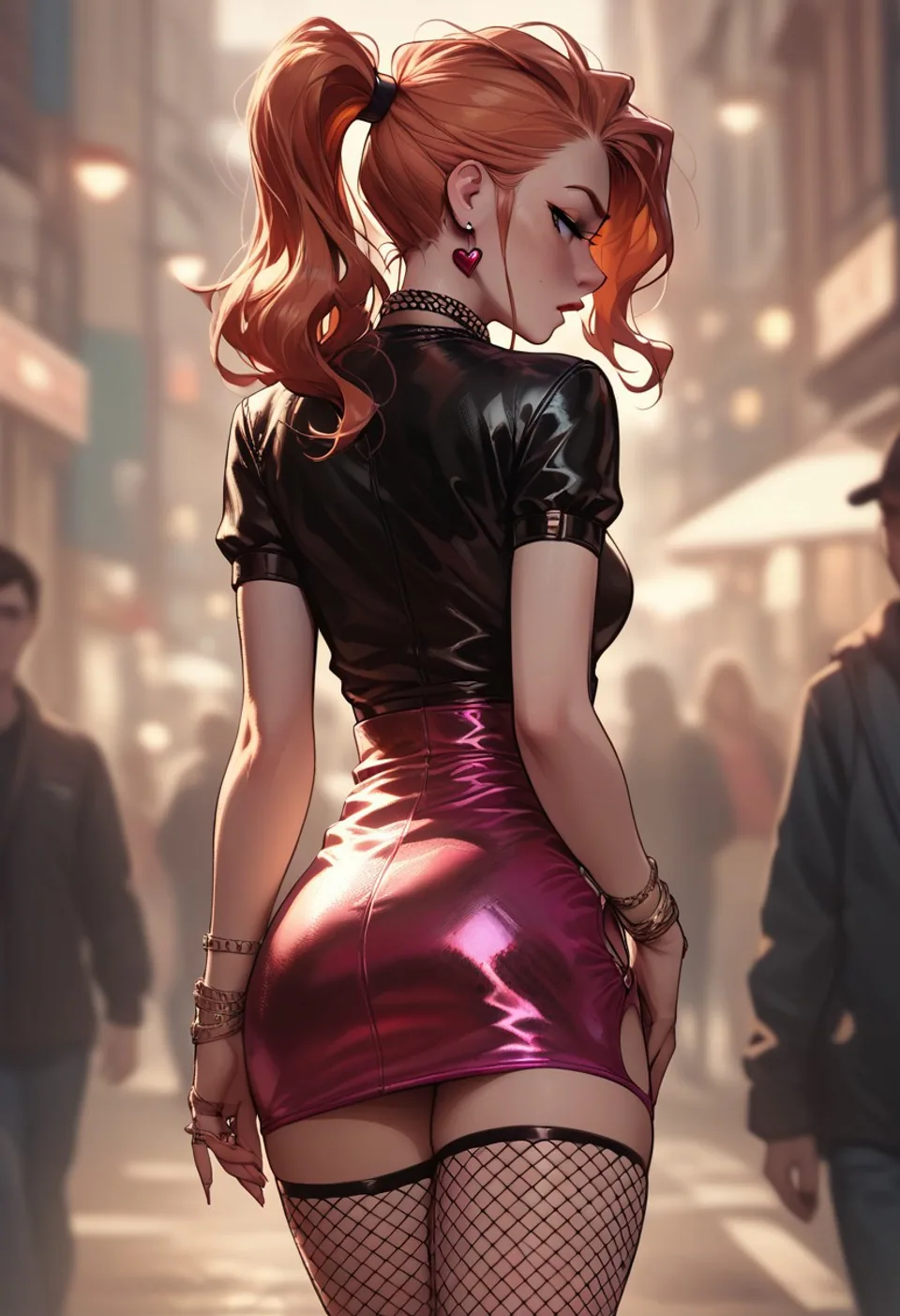 Illustrated red-haired woman in a dark red outfit beside a sunlit wall.